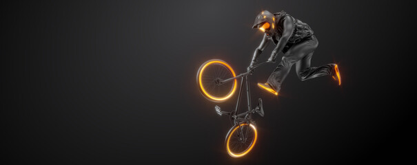 Abstract silhouette of a bmx rider, man is doing a trick, isolated on black background. Cycling...