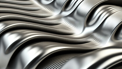 Decorated silver smooth volumetric wavy background. Metal seamless pattern. Abstract metallic background. Generative AI	