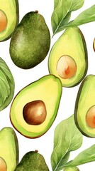 Fresh Organic Avocado Fruit Background, Vertical Watercolor Illustration. Healthy Vegetarian Diet. Ai Generated Soft Colored Watercolor Illustration with Delicious Juicy Avocado Fruit.