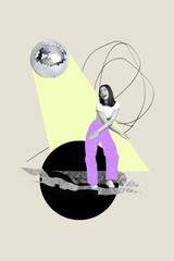 Vertical creative composite illustration photo collage of pleasant girl having fun enjoy music...