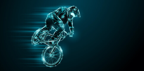 Abstract silhouette of a bmx rider, man is doing a trick, isolated on black background. Cycling...