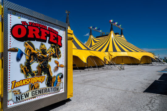 Cuneo, Italy - May 11, 2023: the colourful tent of the Rinaldo Orfei circus in the square of the M.I.A.C. in the hamlet of Ronchi. Orfei is a famous historical Italian circus family.