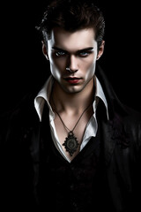 Handsome portrait of a male vampire on black. Vampire novel cover design.Generative AI illustration. - obrazy, fototapety, plakaty