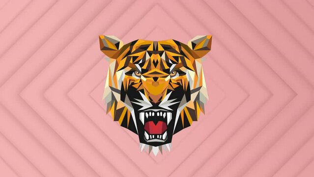 Animation of tiger face icon against concentric circles in seamless pattern on pink background
