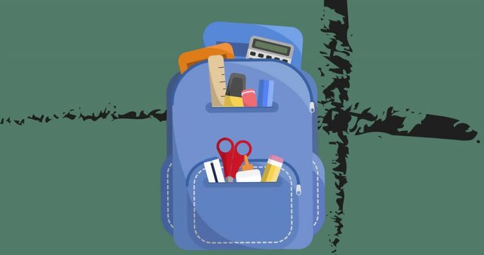 Animation of school bag icon floating against cross stripes on green background with copy space