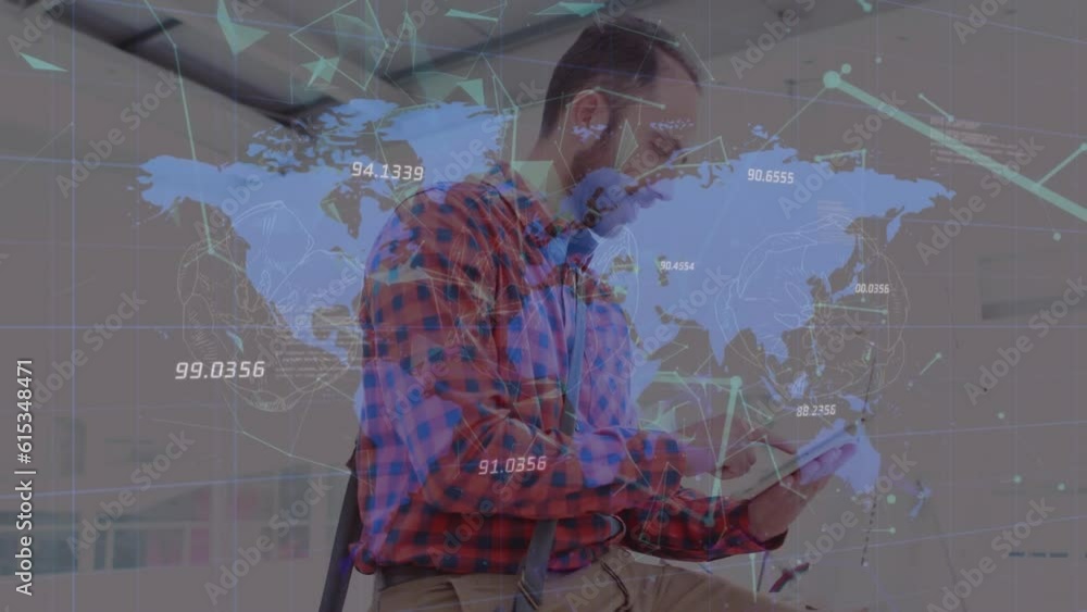 Poster animation of plexus networks over world map against biracial man using digital tablet at office
