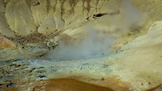 Slow motion footage of hot springs, steaming fumaroles and boiling mud pots in Seltun Geothermal Area (Seltúnshverir or Krýsuvíkurhverir) in Iceland