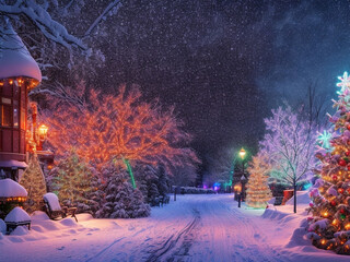 Magical winter wonderland illuminated by colorful holiday lights,