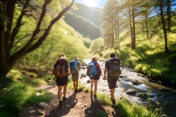 Trekking group of tourists with backpacks on mountain footpath among river forest