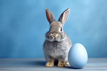 Fototapeta na wymiar Easter bunny rabbit with painted eggs on blue wall background