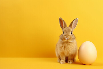 Easter bunny rabbit with painted egg on yellow wall background