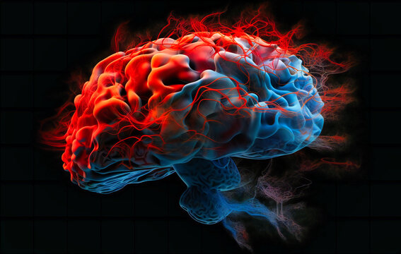 a brain with a blue and orange area