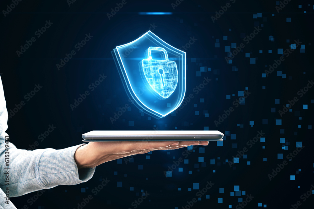 Poster Cyber security and internet protection access concept with glowing padlock in shield symbol above human hand with digital tablet on abstract dark pixel background
