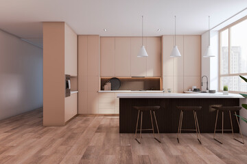 Front view of spacious empty modern kitchen interior with wooden floor and beige and white walls. 3D Rendering