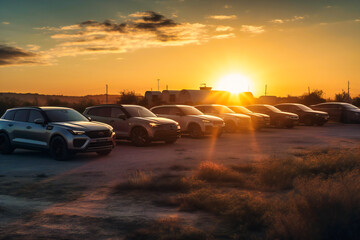 Fototapeta na wymiar a group of cars in front of a scenic sunset