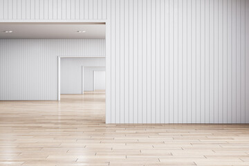 Contemporary light gallery interior with wooden flooring and blank mock up place. Museum and exhibition concept. 3D Rendering.