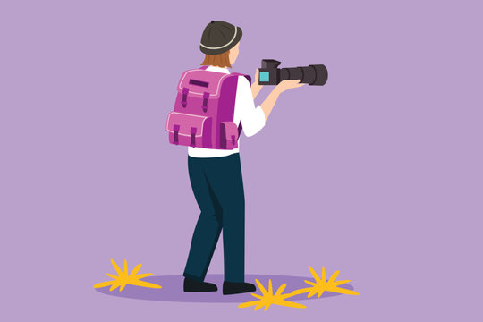 Character flat drawing back view of beautiful woman photographer with backpack holding photo camera. Journalist making nature shooting on mountain. Female character. Cartoon design vector illustration