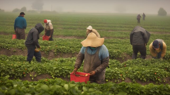 Farmworkers laboring in the field. Significance of manual labor in the agricultural sector, focusing on the diligence and hard work of farmworkers who contribute to food production. Generative AI"