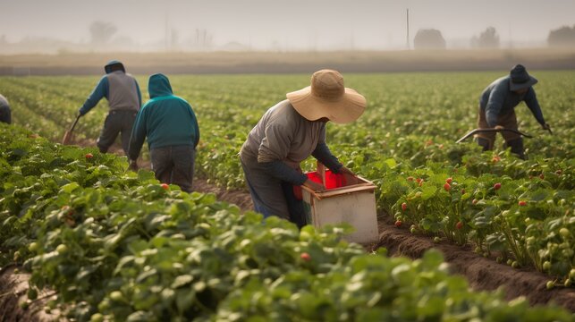 Farmworkers laboring in the field. Significance of manual labor in the agricultural sector, focusing on the diligence and hard work of farmworkers who contribute to food production. Generative AI"