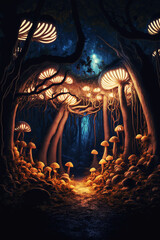 psychedelic glowing mushrooms in a dark forest