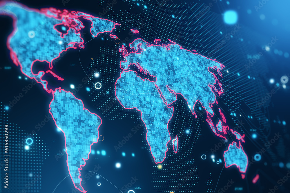 Poster global social network connection concept with perspective view on digital blue pixel world map with 