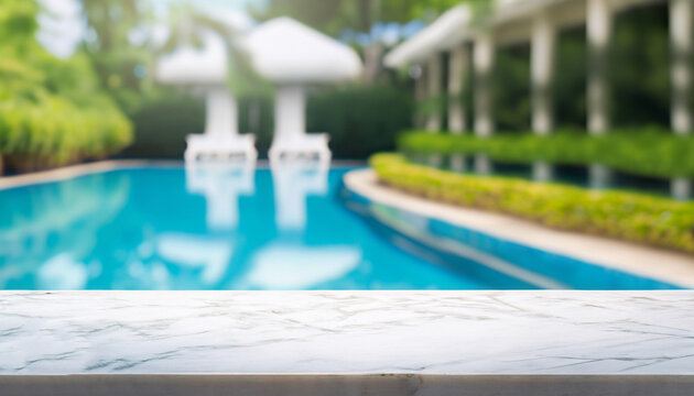 Empty white marble stone table top and blurred swimming pool in tropical resort in summer banner background - can used for display or montage your products.