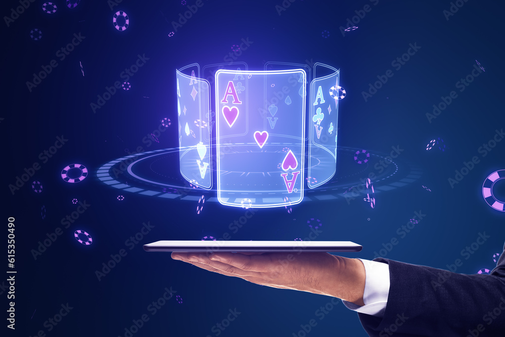 Poster close up of businessman hands holding cellphone with creative digital blue cards hologram on dark ba