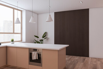 Closeup view of spacious empty modern kitchen interior with wooden floor and beige and white walls. 3D Rendering