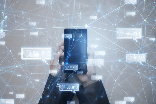 Concept of network and internet communication. Top view of businessman hands using smartphone with creative polygonal likes network on blurry background. Double exposure. - Powered by Adobe