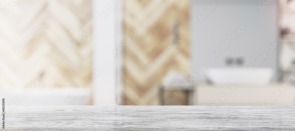 Aufkleber front view of empty wooden tabletop in bathroom interior with blurred background, product presentati