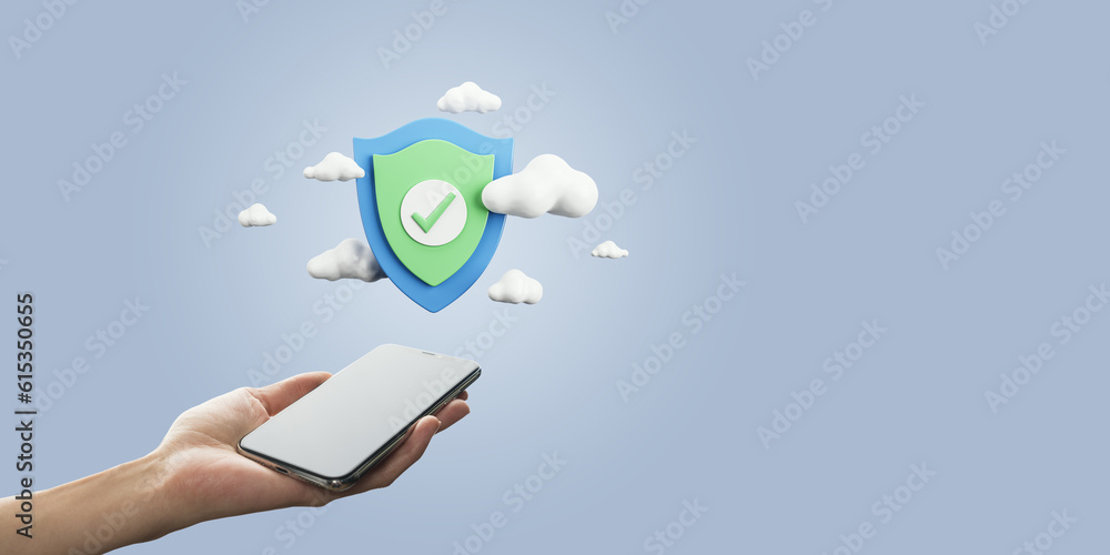 Poster Close up of female hand holding mobile phone with digital shield and clouds on light blue background with binary coding and mock up place. Secure online payment and data guard concept.