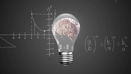 Animation of spinning brain inside a bulb icon and mathematical equations against grey background - Powered by Adobe