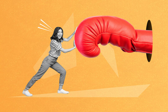 Composite collage picture of mini black white effect girl arms push huge boxing glove hole isolated on painted orange background