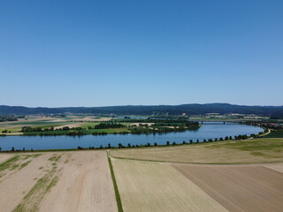 Danube river with dried up fields 