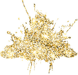 Abstract shiny gold glitter splash design element. Golden color dust texture stain for holiday decoration, flyer, poster, greeting card, background, wallpaper. Shiny paint stroke fashion illustration.