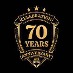 70 years anniversary icon or logo. 70th yubilee celebration, business company birthday badge or label. Vintage banner with shield and ribbon. Wedding, invitation design element. Vector illustration.