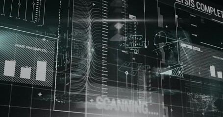 Animation of interface with data processing over mathematical equations against black background - Powered by Adobe
