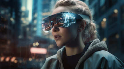 AI-generated image of a woman wearing AR glasses with city background. - obrazy, fototapety, plakaty