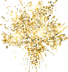 Abstract shiny gold glitter splash design element. Golden color dust texture stain for holiday decoration, flyer, poster, greeting card, background, wallpaper. Shiny paint stroke fashion illustration.
