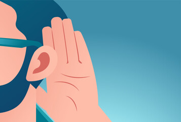 Vector of a nosy man with hand to ear gesture listens carefully - obrazy, fototapety, plakaty