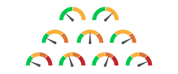 Score meter. Speedometer gauge indicator. Energy efficiency and consumer satisfaction rate measure UI. Indication lines. Dial with arrows and scale. Vector effectiveness graphs set. Isolated on white 