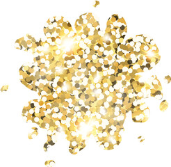 Abstract shiny gold glitter splash design element. Golden color dust texture stain for holiday decoration, flyer, poster, greeting card, background, wallpaper. Shiny paint stroke fashion illustration.