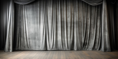 Grey stage curtain on wooden floor. Generative AI