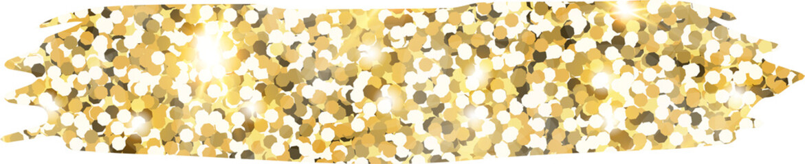 Abstract shiny gold glitter stroke design element. Golden color dust texture stain for holiday decoration, flyer, poster, greeting card, background, wallpaper. Shiny paint stroke fashion illustration.