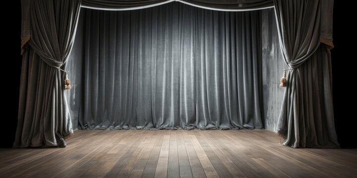 Grey stage curtain on wooden floor. Generative AI