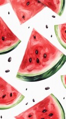 Fresh Organic Watermelon Fruit Background, Vertical Watercolor Illustration. Healthy Vegetarian Diet. Ai Generated Soft Colored Watercolor Illustration with Delicious Juicy Watermelon Fruit.