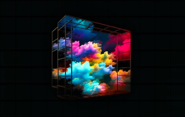 a black square with colorful clouds inside