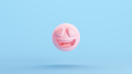 Pink 3d Emoji Smiley Face Big Heart Eyes Smile Kitsch Blue Background 3d illustration render digital rendering