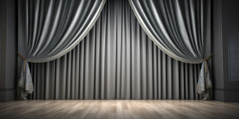 Grey stage curtain on wooden floor. Generative AI - obrazy, fototapety, plakaty