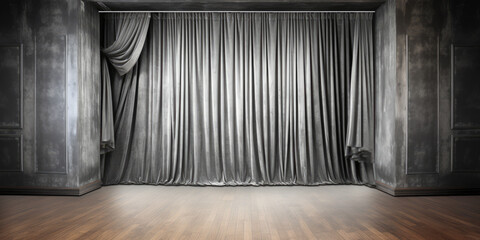 Grey stage curtain on wooden floor. Generative AI